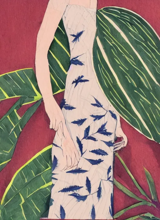 Image similar to a woman in dress inspired by monstera leaves