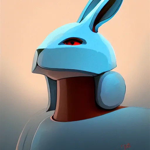 Image similar to a rabbit robot warrior, artstation, by hayao myazaki, concept art, digital art, light blue, 2 - dimensional, 2 d