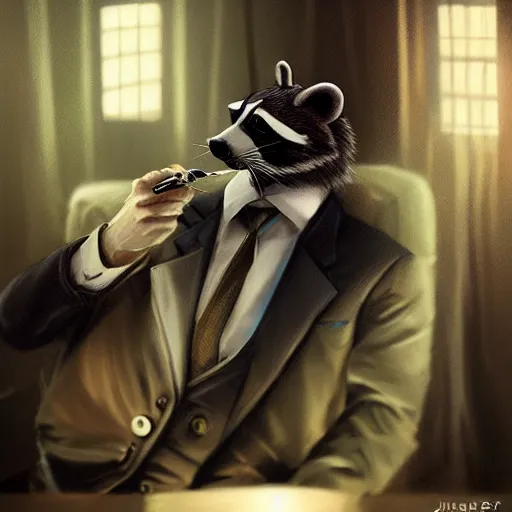 Prompt: a racoon wearing a suit smoking a cigar, dramatic lighting, cinematic, establishing shot, extremly high detail, photorealistic, cinematic lighting, artstation, style by James Gurney