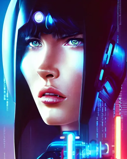 Prompt: movie still portrait photo of megan fox as the major ghost in the shell as cyborg woman by pixar, by weta, wlop, ilya kuvshinov, rossdraws, artgerm, maxim cover, latex, sweaty, iridescent, bright morning, anime, liosh, mucha