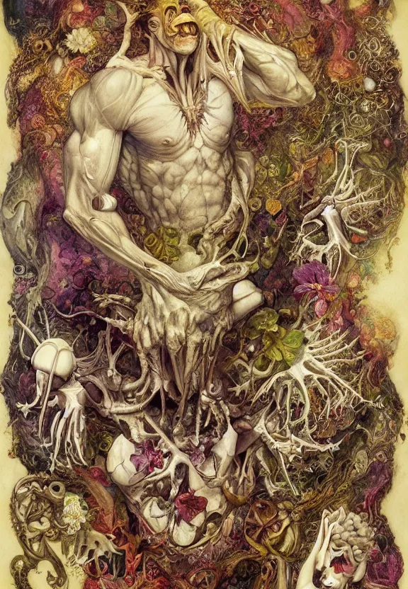 Prompt: simplicity, elegant, colorful muscular eldritch bodies and bones radiating from fractal, orchids, flowers, mandala, white bones, by h. r. giger and esao andrews and maria sibylla merian eugene delacroix, gustave dore, thomas moran, pop art, chiaroscuro, biopunk, art nouveau