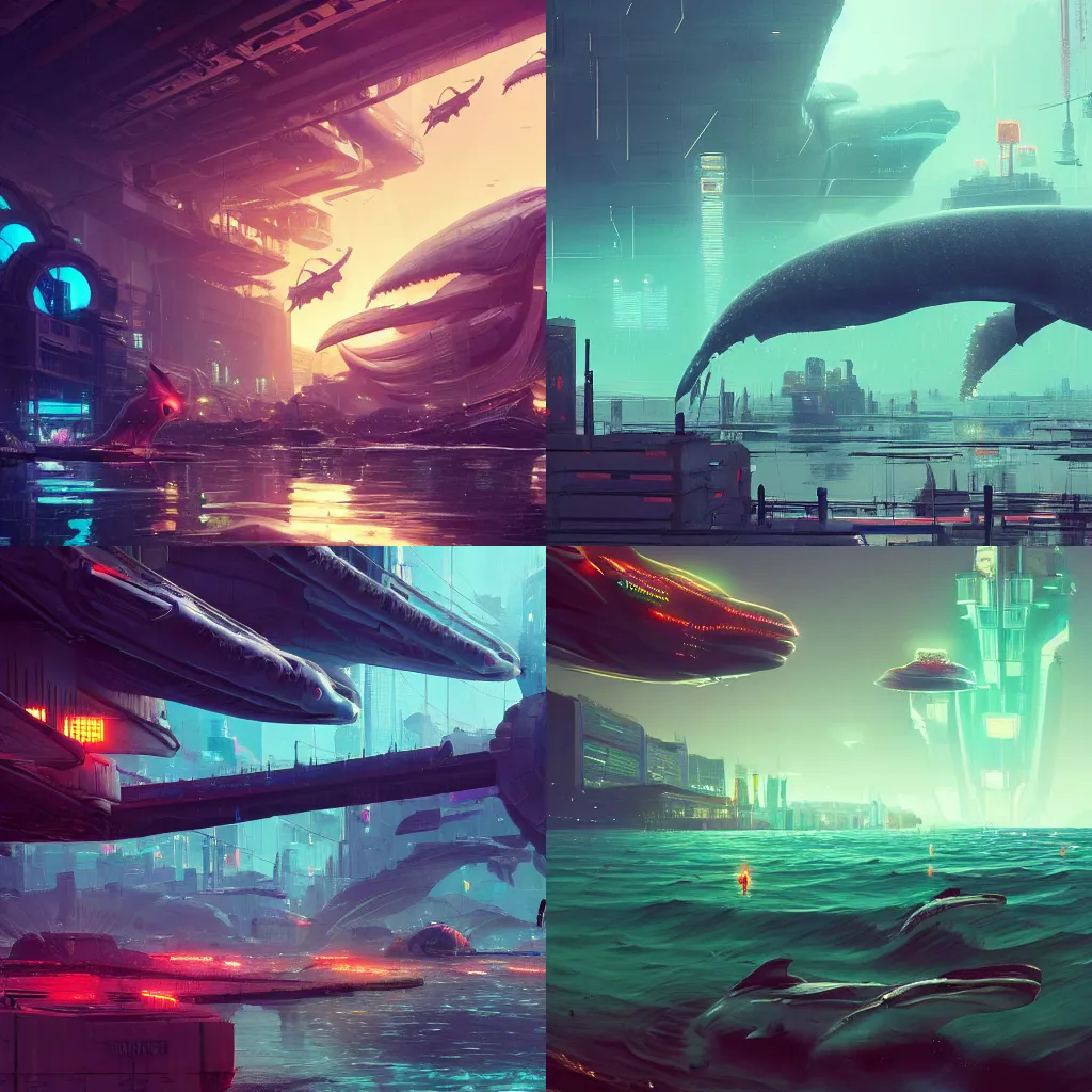 Prompt: epic gigantic cyberpunk whales floating in a colossal sci-fi city, by Simon Stalenhag, by Ruan Jia, by Marc Simonetti, masterpiece, cinematic composition, beautiful lighting, dynamic, dramatic, sharp, trending on artstation, featured on pixiv, 8K