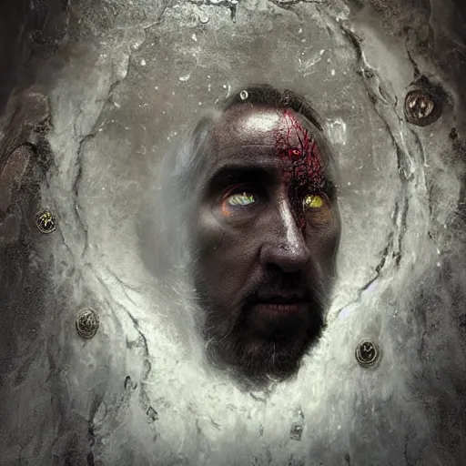 Prompt: michal karcz surrealism painting of the Nicholas Cage as an all seeing God. His eyes are watching everything. , horror theme, detailed, elegant, intricate, 4k,