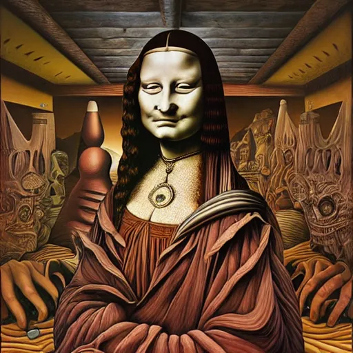 Image similar to monalisa by jacek yerka, alex gray, zdzisław beksiński, dariusz zawadzki, jeffrey smith and h.r. giger, oil on canvas, 8k highly professionally detailed, trending on artstation