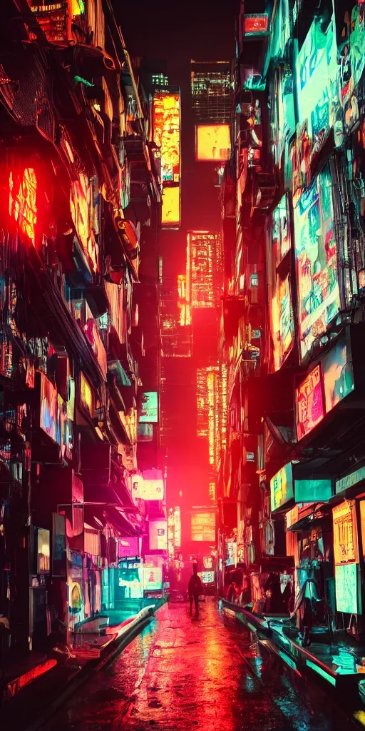 Image similar to cyberpunk city at night, night clubs and neons, rain, camera above roofs, girl under lantern