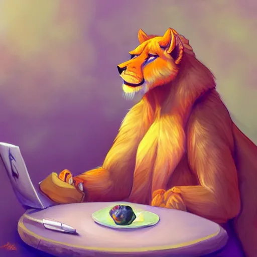 Image similar to a painting of an anthropomorphic lioness sitting at a table with apples, a character portrait by lois van baarle, trending on deviantart, furry art, speedpainting, furaffinity, tarot card, yoshitaka amano style