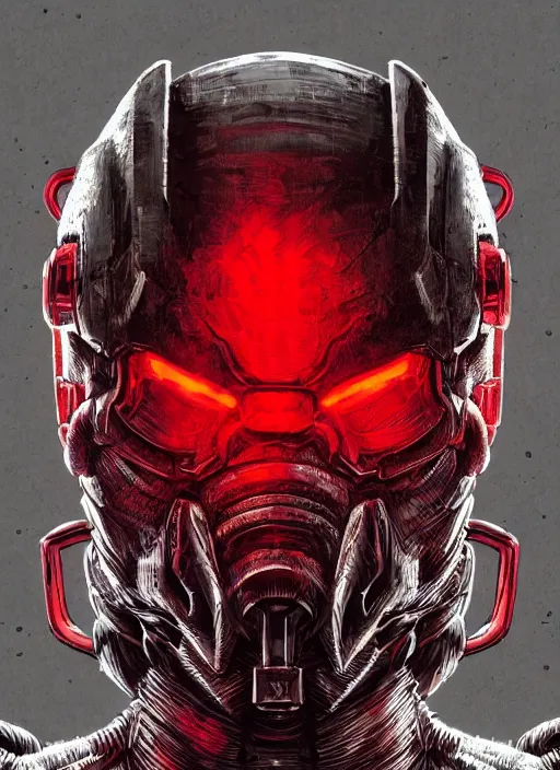 Prompt: close up portrait of the doom slayer, red backlight, powerful, domineering, stoic, masterful, intense, ultrafine hyperdetailed illustration by kim jung gi, irakli nadar, intricate linework, sharp focus, octopath traveler, yoji shinkawa, highly rendered, detailed, concept art