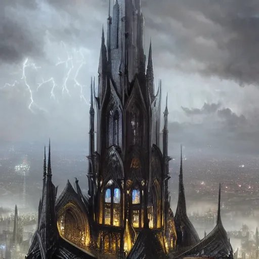 Prompt: an ultra detailed matte painting of a lonely and impossibly tall ominous gothic dark citadel tower of the evil patriarch, elevated high above the city, in a river elevated high above the city, fantasy capital city, ultrawide lense, aerial photography, scary thunderstorm, light fog, volumetric lighting, exquisite detail, 8 k, art by greg rutkowski and alphonse mucha