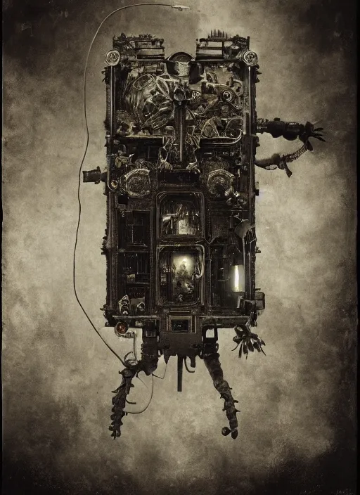 Prompt: old wetplate daguerreotype birth of a cyborg in times of eternal summoning, fractal, intricate, elegant, highly detailed, parallax, leica, medium format, subsurface scattering, by jheronimus bosch and greg rutkowski and louis jacques mande daguerre