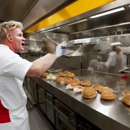 Image similar to gordon ramsay yelling at burger king employees in the burger king kitchen on kitchen nightmares. the employees are lined up and in their burger king uniforms. 4 k broadcast