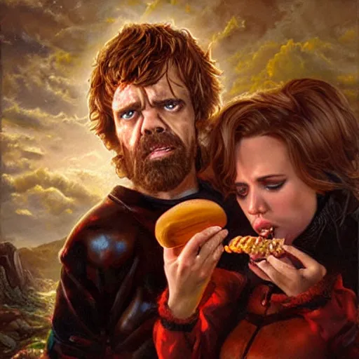 Image similar to portrait of peter dinklage sharing hotdogs with scarlett johansson, an oil painting by ross tran and thomas kincade w 7 6 8