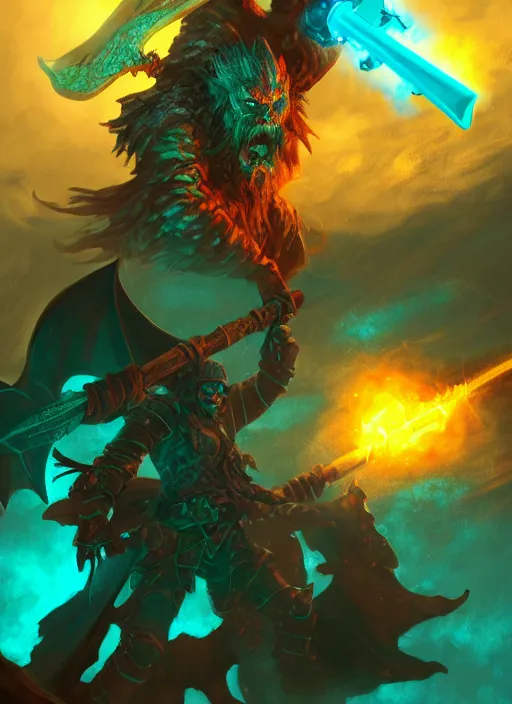 Image similar to Glowing DND Battleaxe emanating teal energy, dungeons and dragons, highly detailed, digital painting, 8k, HD