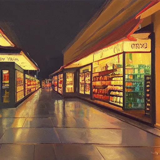 Image similar to “a big store at night realistic panting”