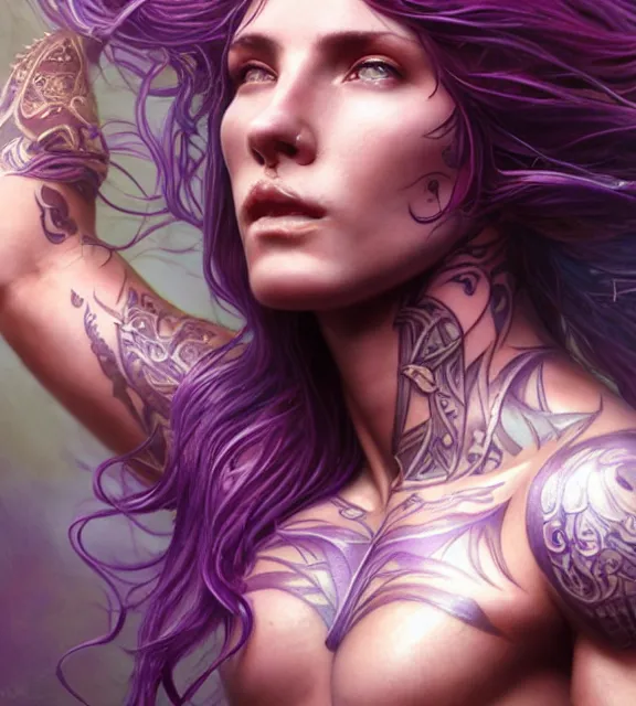 Image similar to muscular female singer, perfect face, intricate tattoos, purple flowing hair, abs, cinematic, blush, stunning, athletic, moist, strong, agile, highly detailed, hard focus, sensual lighting, art by jessica rossier and brian froud