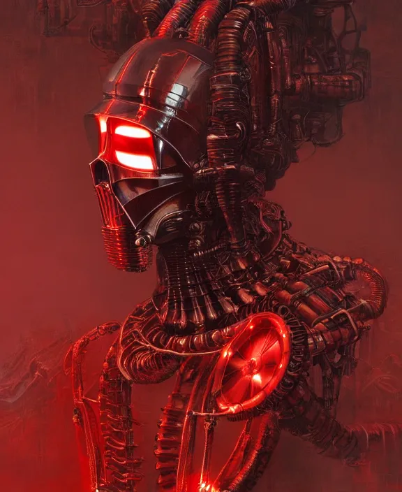 Image similar to a red steampunk darth vader with mechanical tendrils resembling spinal columns extending from his body, by HR Giger and Beksiński and Stephan Martiniere , 4k resolution, detailed, trending on artstation