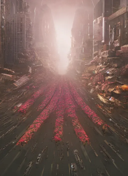 Image similar to A dystopian future in a city made up of the most incredible flowers ever seen, evil, demonic, angelic, flowers, nature, city, symmetry, environment concept, cinematic, Rendered in Octane, trending on artstation, cgsociety, moody lighting rendered by octane engine, environment 8K artstation, cinematic lighting, intricate details, 8k detail post processing, hyperealistic, octane render, photo realism, visually inspired by Blade Runner 2049