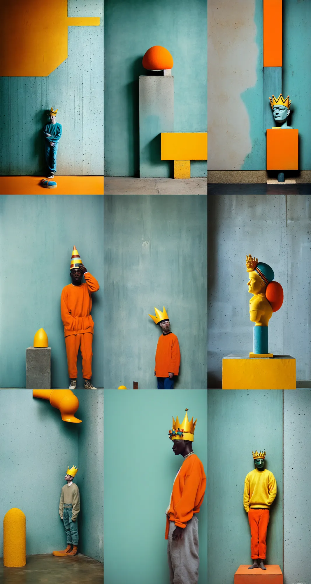 Image similar to kodak portra 4 0 0, 8 k, shot of a highly detailed, britt marling style, colour still - life portrait of a large minimalistic room, rough concrete walls, a single rough carved wooden teal and orange striped coloured statue is standing on a concrete podest with a yellow crown on his head, muted colours