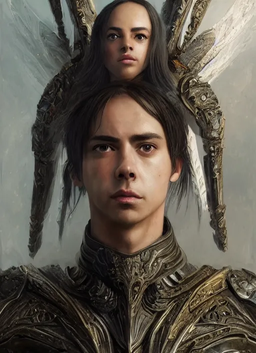 Image similar to a professional portrait of a beautiful young Serafim angel, clothed in ethereal battle armor, olive skin, long dark hair, beautiful bone structure, symmetrical facial features, intricate, elegant, digital painting, concept art, smooth, sharp focus, finely detailed, illustration, from Valerian and the City of a Thousand Planets, in the style of Ruan Jia and Mandy Jurgens and Artgerm and Greg Rutkowski and William-Adolphe Bouguerea