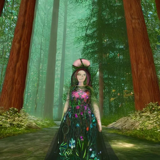 Prompt: cute female forest spirit wearing floral cybernetic hungarian valentino resort sheer dress, overgrown esoteric cyber cathedral sanctuary, fashion gameplay screenshot, painted by raphael in 1 5 1 1