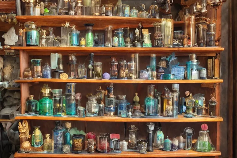 Image similar to a bookshelf of wonderful magical experiments, located in a wizard's shop, full of trinkets and magical potions flasks vials, bubbling liquids, smoking vessels