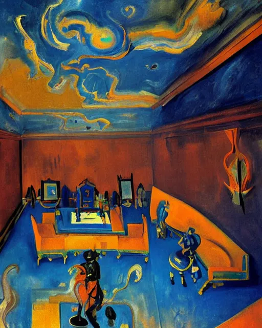 Prompt: blue people and a dark figure seated on a throne with clouds at red and yellow art deco interior room in the styleof Francis Bacon and Chaïm Soutine, open ceiling, highly detailed, painted by Francis Bacon and Edward Hopper, painted by James Gilleard, surrealism, airbrush, art by JamesJean