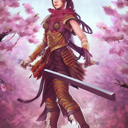 Prompt: - H 768 a zigmerian warrior in a cherry blossom field, Artgerm, artstation, digital art, sharp focus, high fantasy, illustration, D&D, pale colors