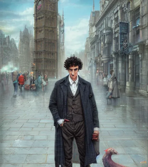 Image similar to techno sherlock holmes standing in a city square, soft colours, detailed, digital art, hd, by tom bagshaw, by fintan magee, by raymond swanland