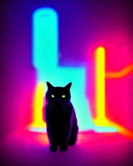 Prompt: glow, chromatic aberration, prismatic, black cat, cinematic, retro, vintage, cool, unique, interesting, original, vhs quality, adult swim