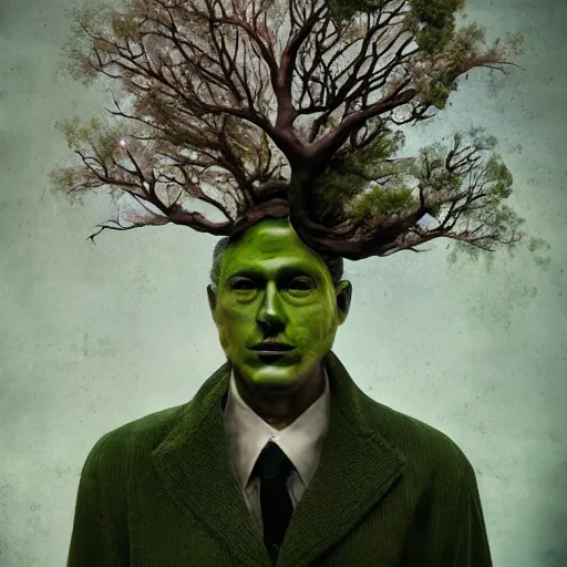 Image similar to a man in a green jacket with a tree on top of his head, a surrealist sculpture by kim keever, behance, pop surrealism, surrealist, dystopian art, whimsical