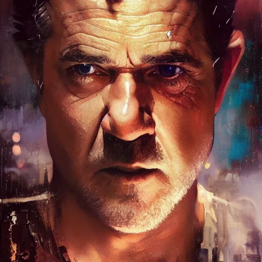 Image similar to mel gibson, hyperrealistic portrait, bladerunner street, art of elysium by jeremy mann and alphonse mucha, fantasy art, photo realistic, dynamic lighting, artstation, poster, volumetric lighting, very detailed face, 4 k, award winning