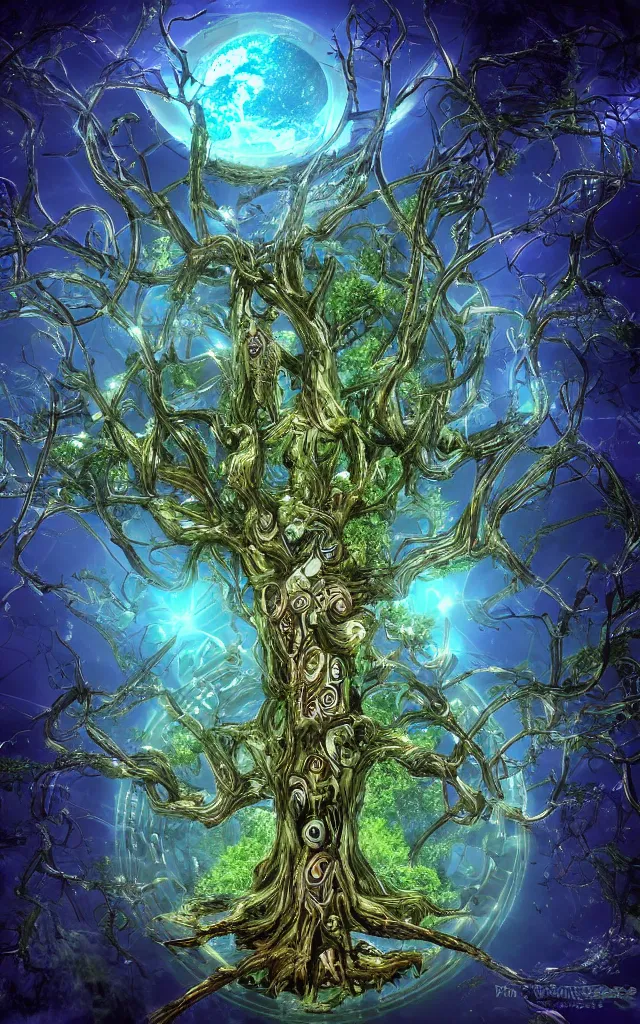 Image similar to futurist cybernetic yggdrasil world tree, future perfect, award winning digital art