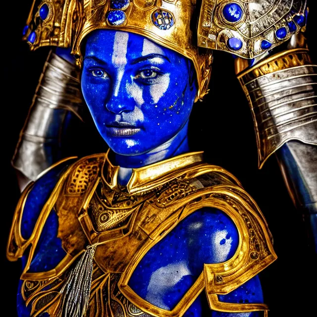 Image similar to photo of a beautiful warrior queen with lapis lazuli armour, highly detailed, 8 k, hdr, smooth, sharp focus, high resolution, award - winning photo