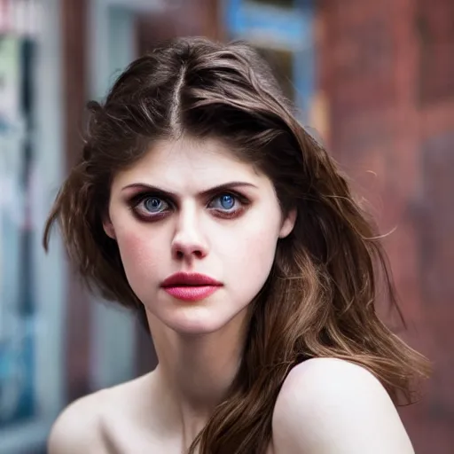 Image similar to closeup portrait of alexandra daddario in a smoky new york back street, photograph, natural light, detailed face, magazine, press, photo, Steve McCurry, David Lazar, CANON Eos C300, ƒ5.6, 50mm