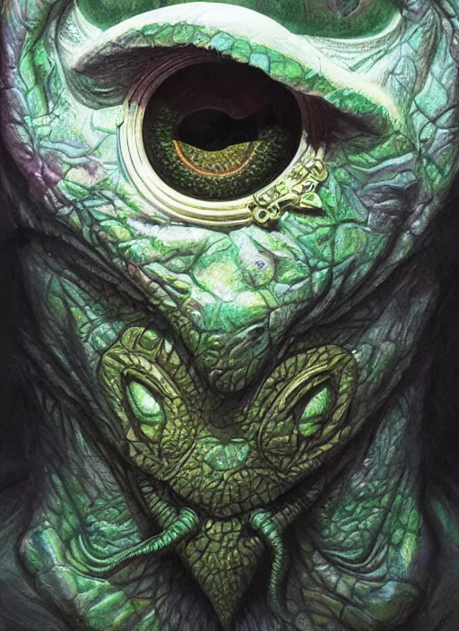 Image similar to mf doom reptile eyes, shamanic poster lsd art, intricate, elegant, highly detailed, centered, digital painting, artstation, concept art, smooth, sharp focus, illustration, artgerm, tomasz alen kopera, peter mohrbacher, donato giancola, joseph christian leyendecker, wlop, frank frazetta