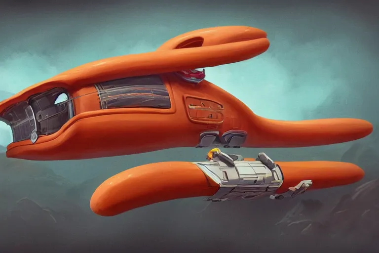 Image similar to concept art of a flying commercial vehicle, in a shape of an hot dog, sci fi, intricate, highly detailed, digital painting, artstation, concept art, smooth, sharp focus, illustration, art by kezrek and daniel graffenberger