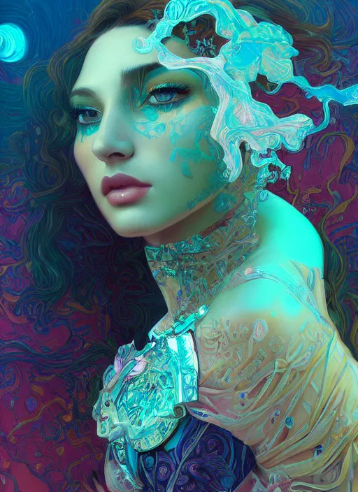 Prompt: beautiful young woman, extremely detailed gorgeous face, sad eyes, tears, sexy body and face, vaporwave aesthetic, synthwave, long luxurious gown, colorful, psychedelic, intricate, elegant, highly detailed, digital painting, artstation, concept art, smooth, sharp focus, illustration, art by artgerm and greg rutkowski and alphonse mucha