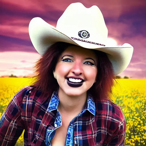 Image similar to a female fluffy anthropomorphic fox animal, head of fox, wearing cowboy hat, wearing plaid shirt, playing guitar, in a field, barn in background, album cover style