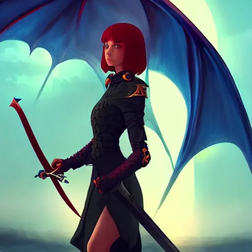 Image similar to a woman holding a sword with a dragon on it, concept art by Ilya Kuvshinov, contest winner, fantasy art, official art, concept art, high detail, experimental, high quality, 4k