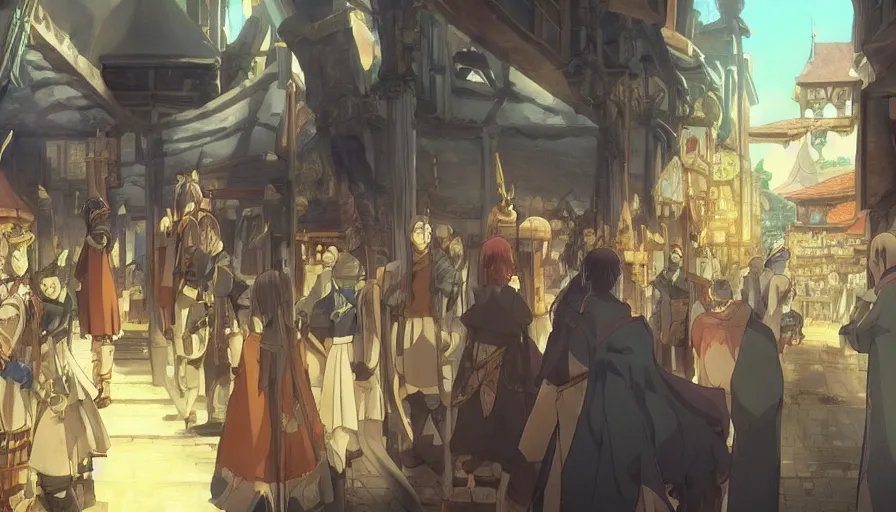 Image similar to “Ais-Wallenstein” at dawn in an medieval isekai market • cinematic anime screenshot by the Studio JC STAFF