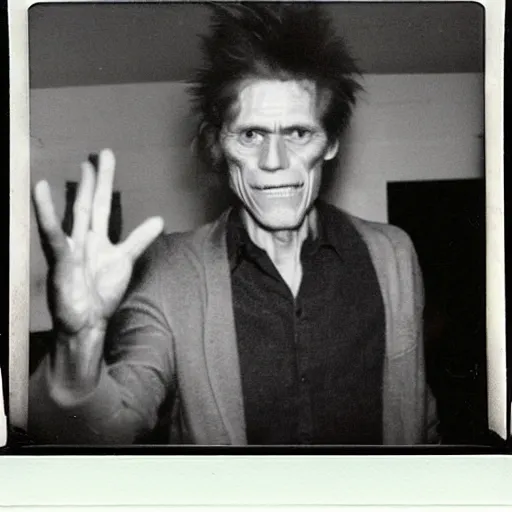 Prompt: A creepy polaroid photo of Willem Dafoe chasing you down a hallway