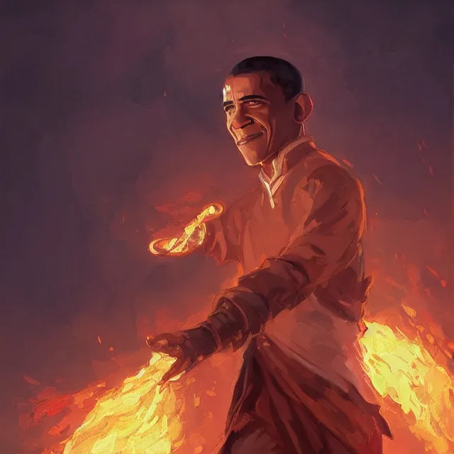 Image similar to Barack Obama as a firebender, portrait, elegant, intricate, digital painting, artstation, concept art, smooth, sharp focus, illustration, art by konstantin korovin and Daniel F. Gerhartz and john howe