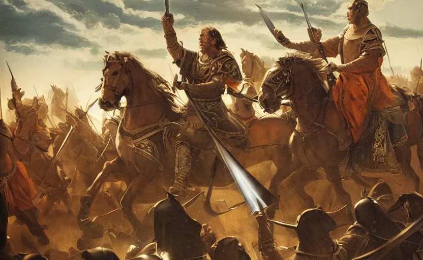 Image similar to dramatic cinematic artwork of a medieval commander leading a cavalry charge with his sword raised by greg rutowski, sun rays