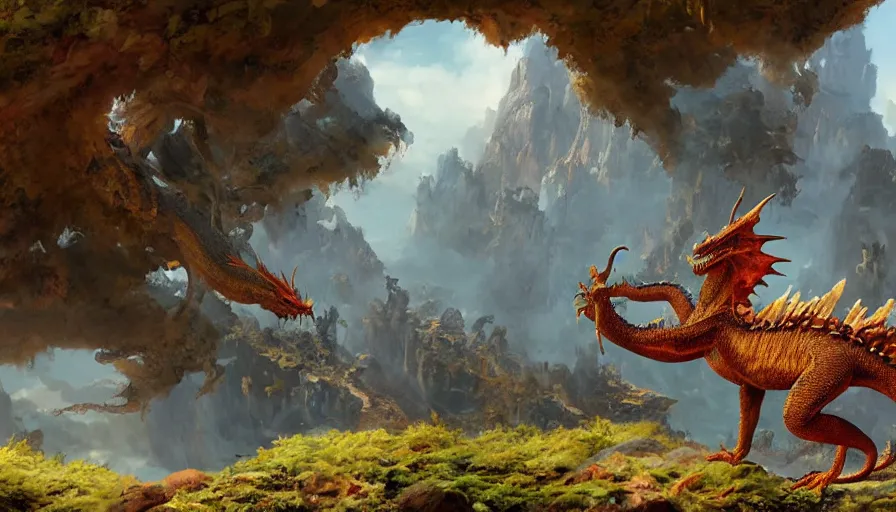 Image similar to excellent painted dragon in a phantastic landscape under bright daylight with fluffy clouds, set in the world of Zendikar, painted by Hans Fredrik Gude, Greg Rutkowksi, Craig Mullins and Artgerm, concept art 2022, 4k, octane render