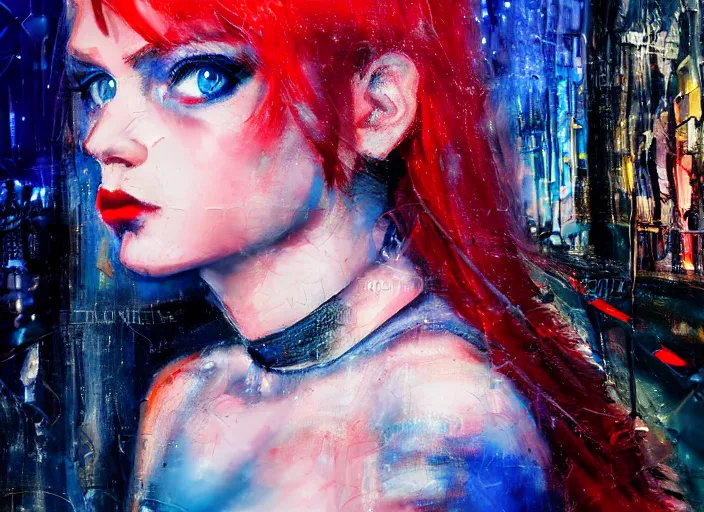 Prompt: detailed portrait of a punk girl with blue eyes in the city street at night, bokeh, long exposure, painting by enki bilal christopher doyle