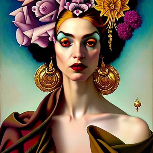 Image similar to dynamic composition, a painting of a woman with hair of flowers and raven plummage wearing ornate earrings, a surrealist painting by tom bagshaw and jacek yerga and tamara de lempicka and jesse king, featured on cgsociety, pop surrealism, surrealist, dramatic lighting, wiccan, pre - raphaelite, ornate gilded details