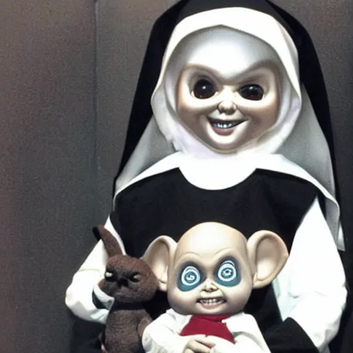 Image similar to a nun in church holding chucky the killer doll on her lap