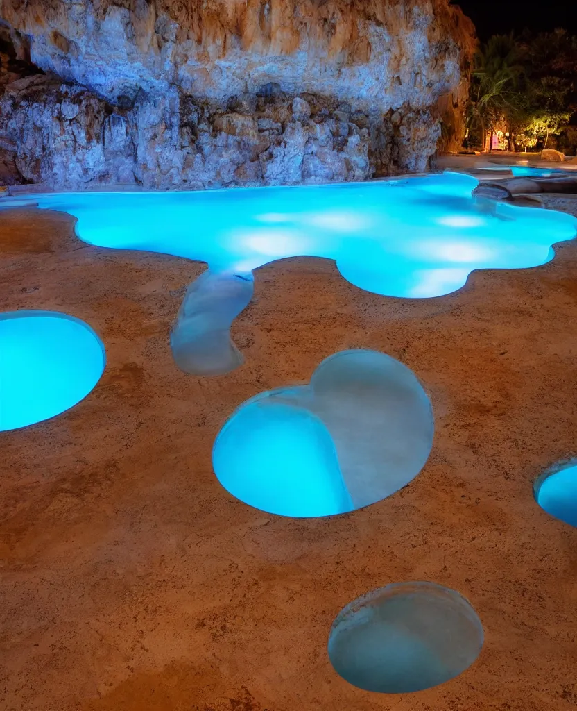 Prompt: endless travertine pools, bright blue glowing water, night photography, magical