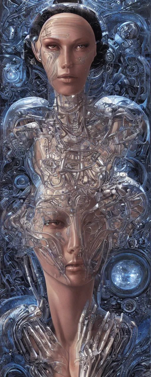 Image similar to a robotic goddess with transparent skin, highly detailed, digital painting, smooth, sharp, beautiful face, expressive eyes, highly intricate, art by Boris Vallejo and H.R. Giger