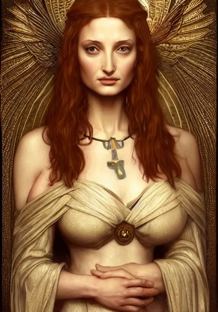 Image similar to sansa angeline jolie gessica chastain egypt mummy, intricate, elegant, highly detailed, digital painting, artstation, concept art, smooth, sharp focus, illustration, art by artgerm and greg rutkowski and alphonse mucha and william - adolphe bouguereau