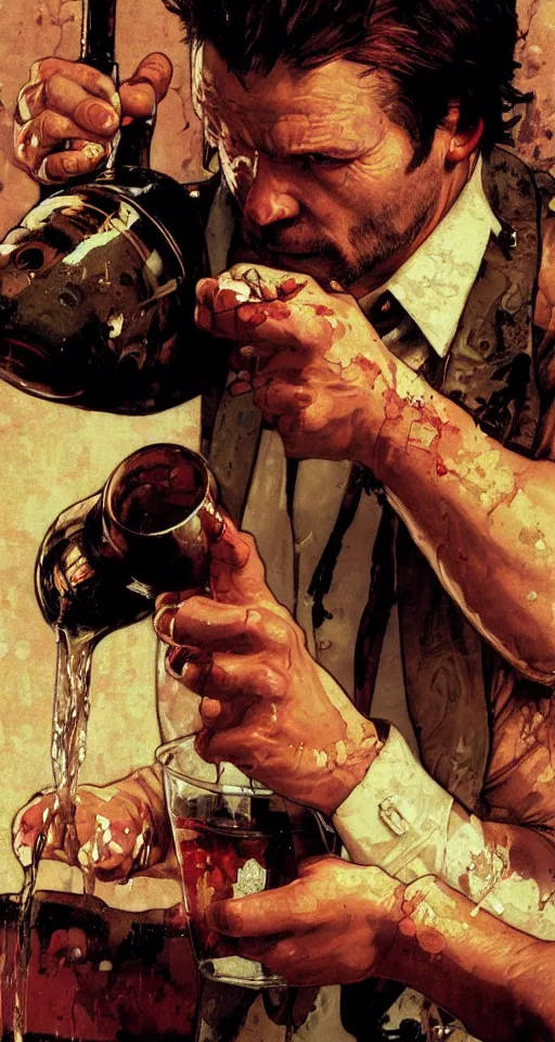 Image similar to close up of bloodied max payne pouring a drink, sun shining, photo realistic illustration by greg rutkowski, thomas kindkade, alphonse mucha, loish, norman rockwell.